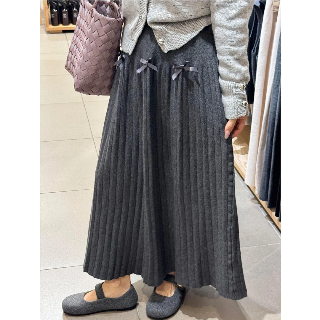 冬季灰色毛呢蝴蝶结拼接显瘦遮肚子半身裙女大码高腰遮胯垂感裙子