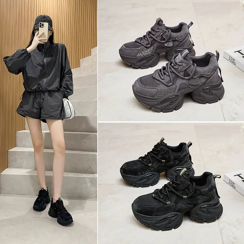 水钻老爹鞋女小个子厚底2025新款秋季时尚轻便松糕休闲运动鞋子