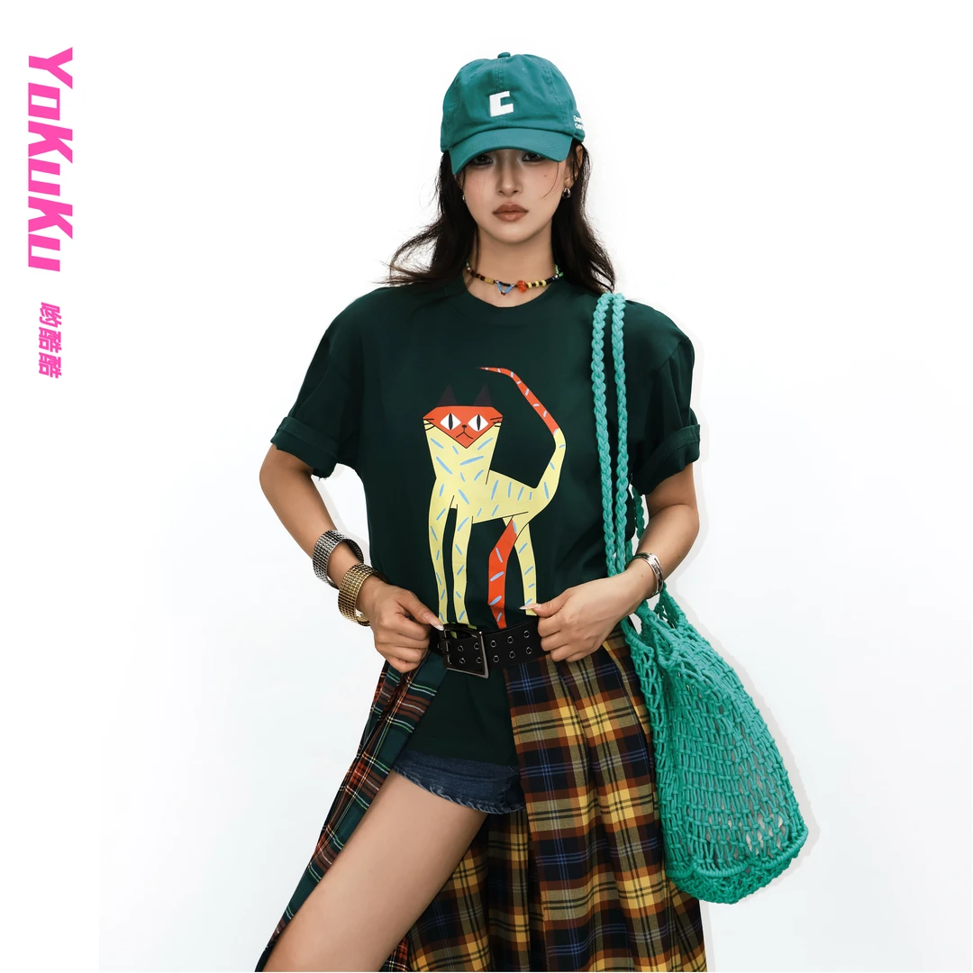 哟酷酷（房东的猫）美式复古潮酷印象派插画百搭男女T恤花猫短袖