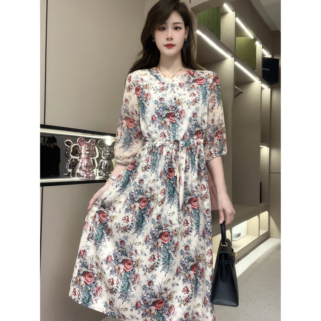 2025新款牡丹花连衣裙显瘦中年妈妈装Q24BL1757