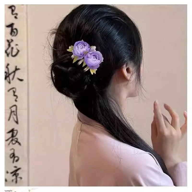 2025新中式温柔气质牡丹花珠珠三齿盘发古风发簪后脑勺精美簪子女