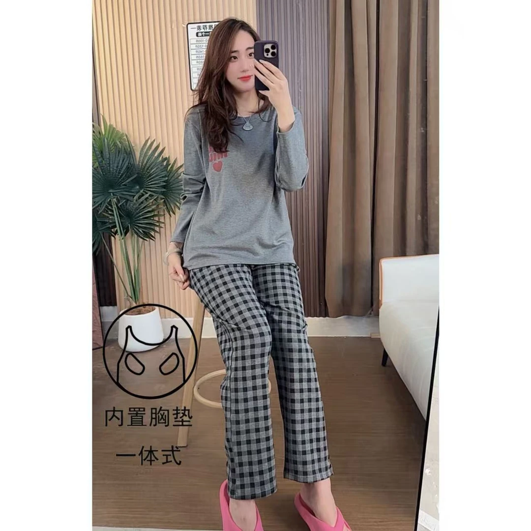 胸垫版睡衣女秋冬新款纯棉长袖长裤外穿家居服套装（N家格子长袖）