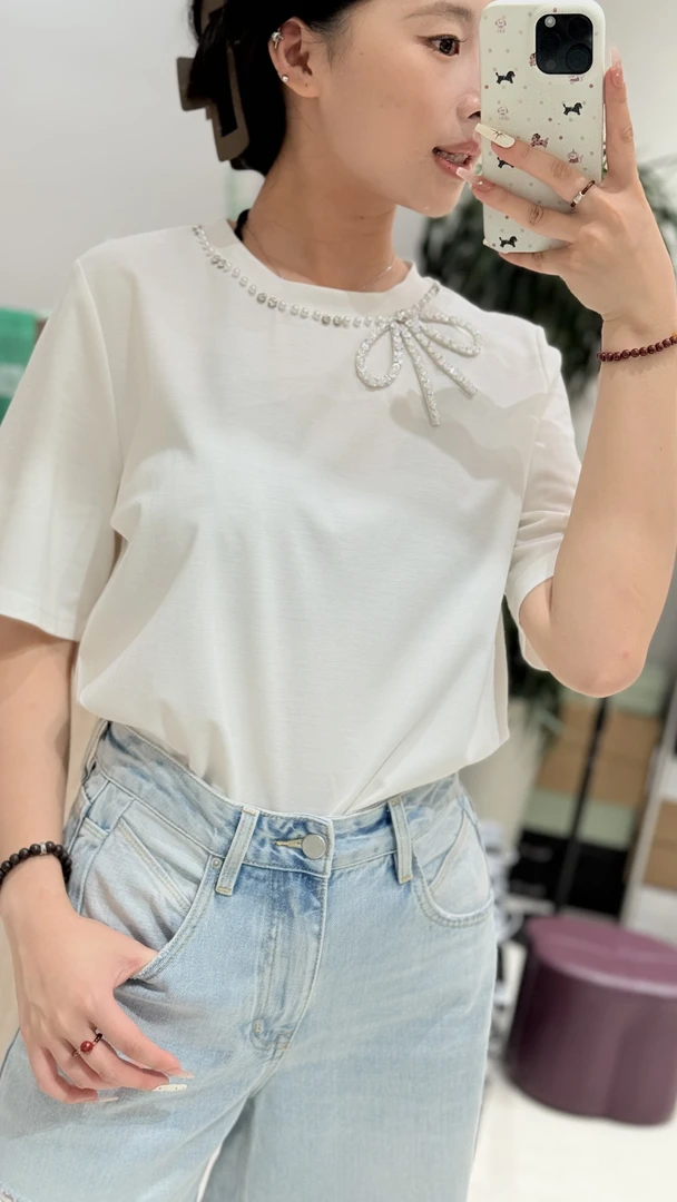 大王家2025年夏季新款白色t恤女圆领珍珠闪钻蝴蝶结宽松短袖上衣