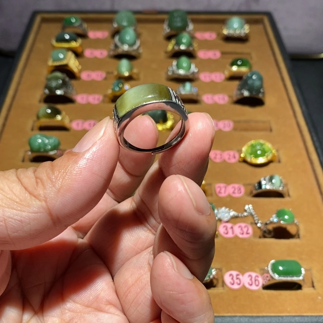 海***王银S925镶嵌戒指和田玉（碧玉）