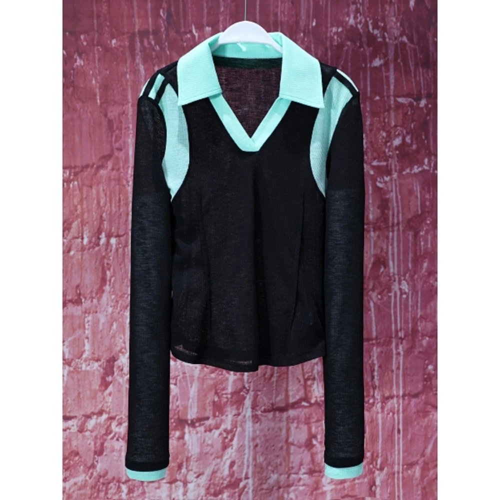 【韩哥女装】夏季欧货设计师黑色拼接翻领皮肤衣长袖衫8172