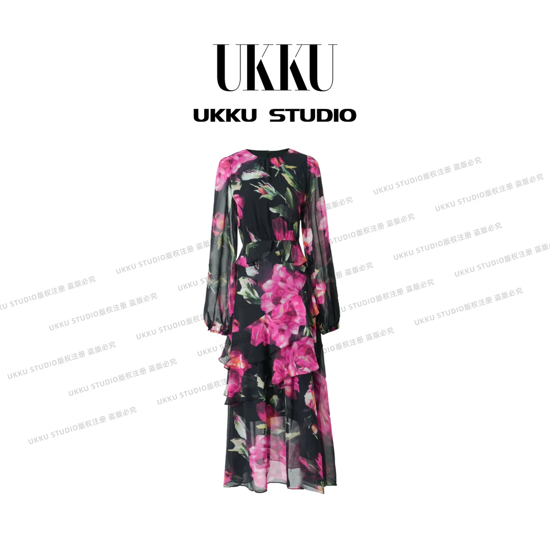 慧慧【UKKU STUDIO】【黑玫瑰】不规则显瘦浪漫玫瑰花连衣裙914453