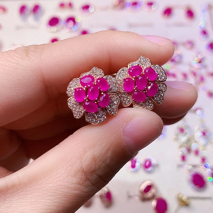 红宝石耳饰银S925镶嵌不**心