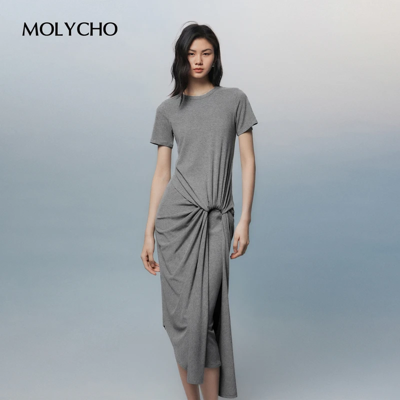MOLYCHO设计感不对称短袖连衣裙女夏季2025新款小众收腰显瘦T恤裙