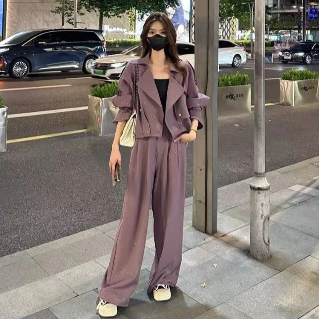时尚百搭韩系显瘦吊带外套阔腿裤三件套女2025春秋季遮肉减龄套装
