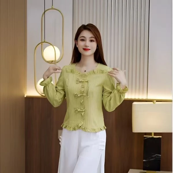 荷叶边新中式国风常规款长袖T恤2025春季小个子时尚洋气法式春装