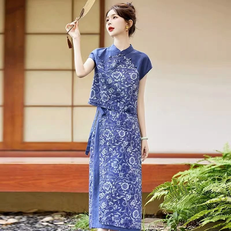 改良风旗袍中式半身裙女装夏新款高端国风精致棉麻碎花包臀裙套装