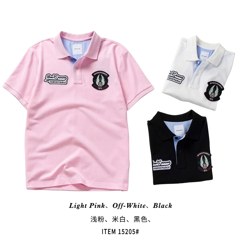 欧美单全棉进口珠地棉男士翻领短袖T恤POLO衫纯棉t恤男徽章刺绣款