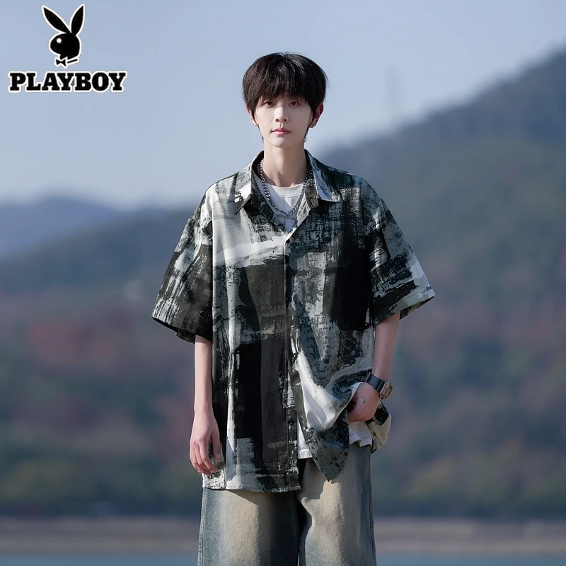 新中式国风水墨画衬衫男夏季冰丝薄款休闲宽松潮流度假风沙滩衬衣