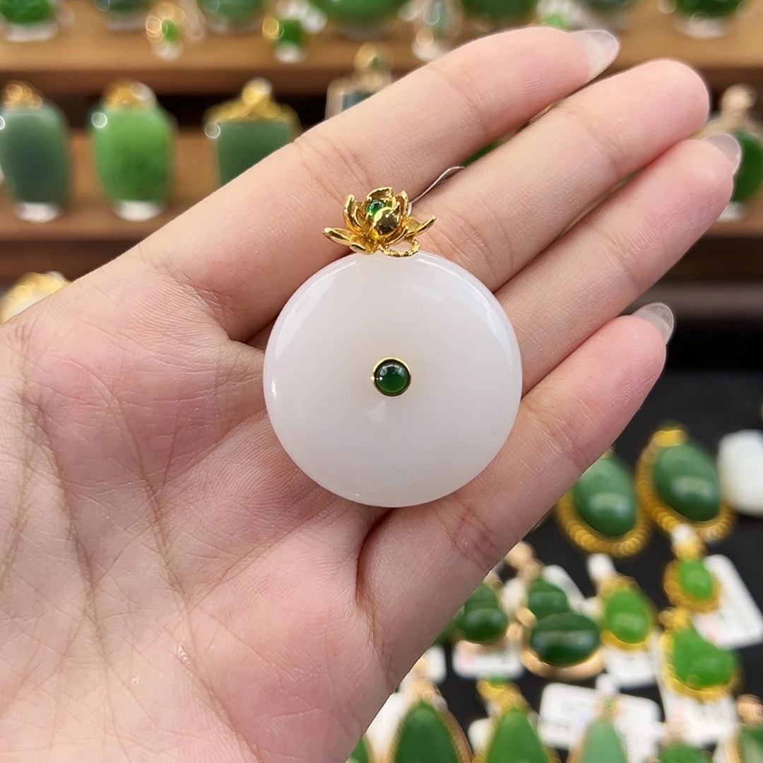 和田玉18K金镶嵌吊坠(不含链)白玉平安扣31mm