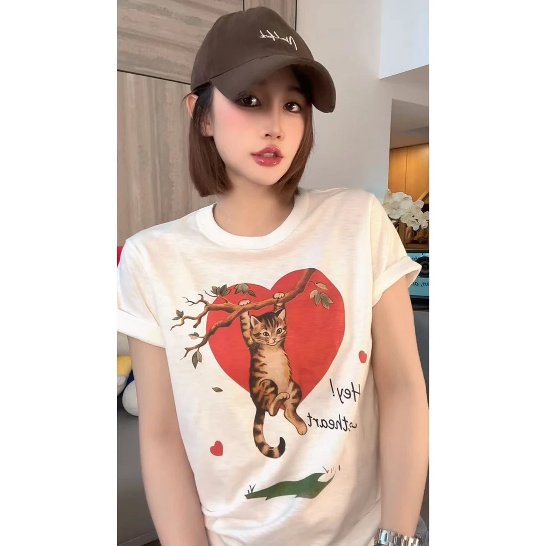 《心动小猫》时尚圆领简约百搭纯棉短袖