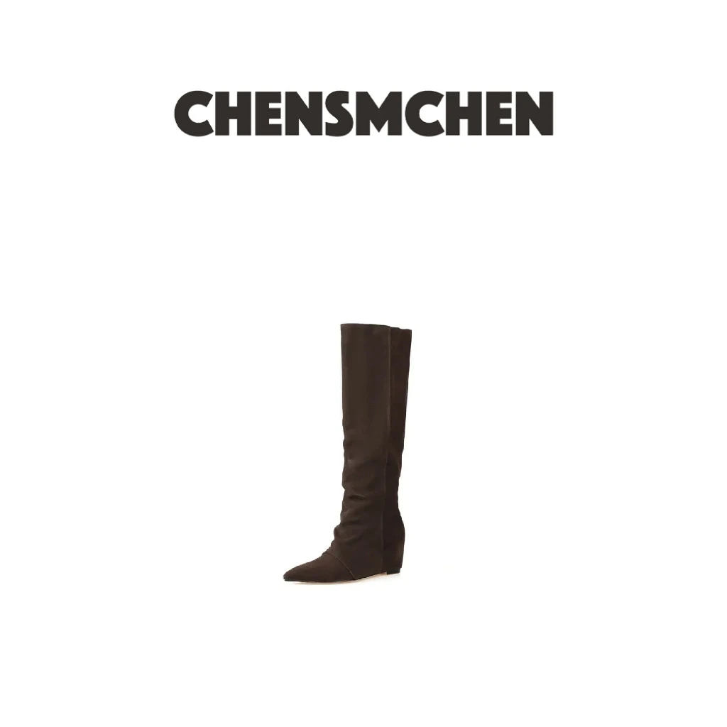 CHENSMCHEN 秋冬复古绒面尖头慵懒褶皱设计高级感长靴