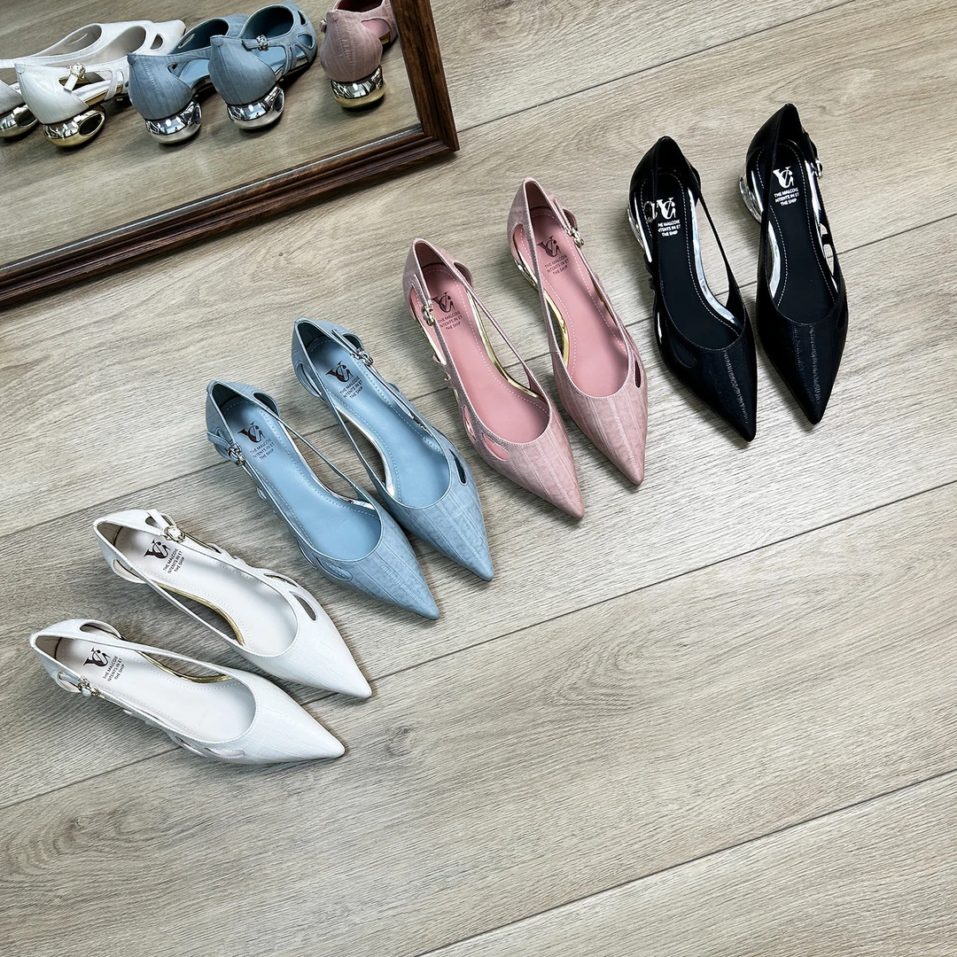 3.5cm/ED2180牛皮尖头单鞋女夏季时尚百搭粗跟中跟浅口镂空凉鞋