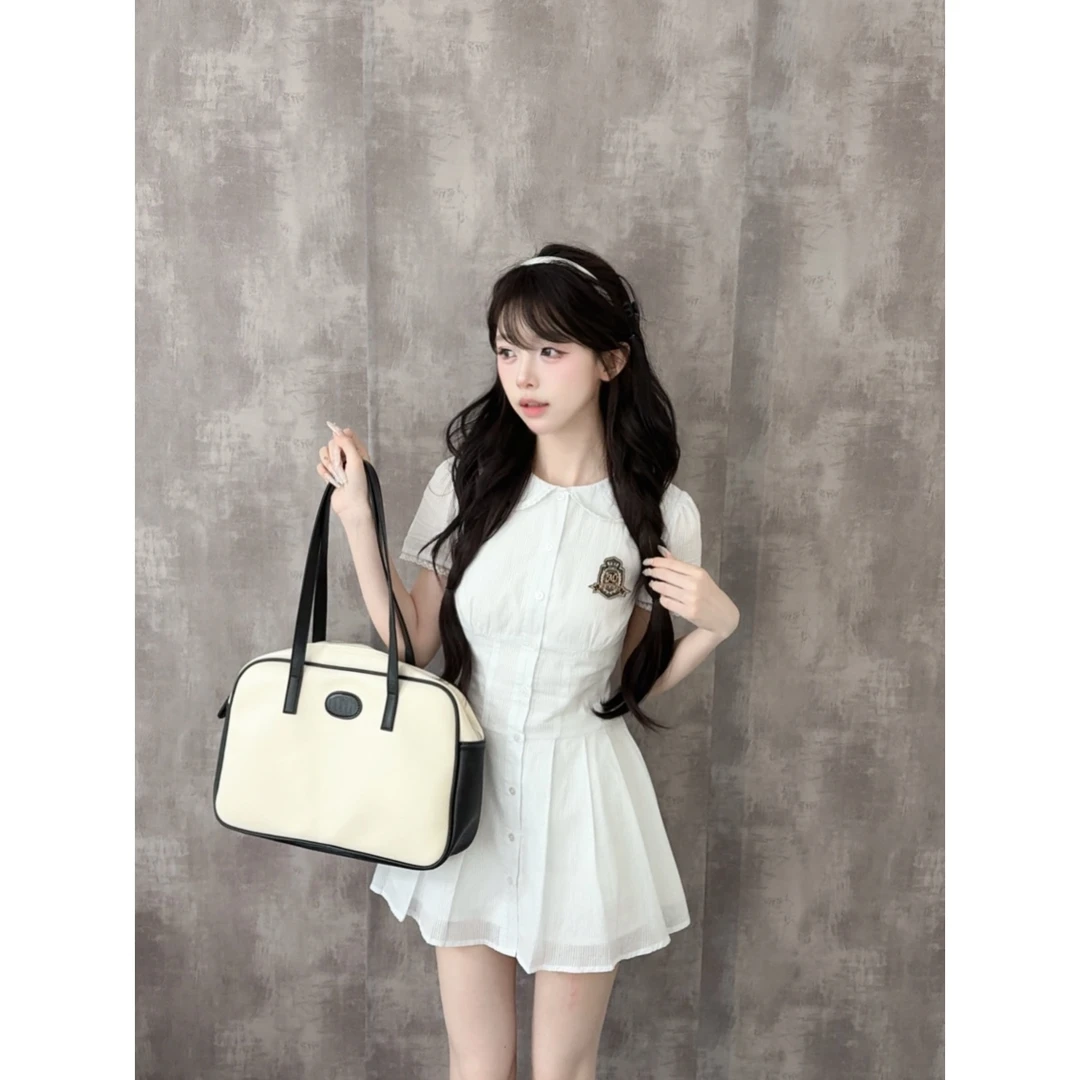 [圣德女校]夏季少女风收腰显瘦娃娃领白色连衣裙 极光原创学院风