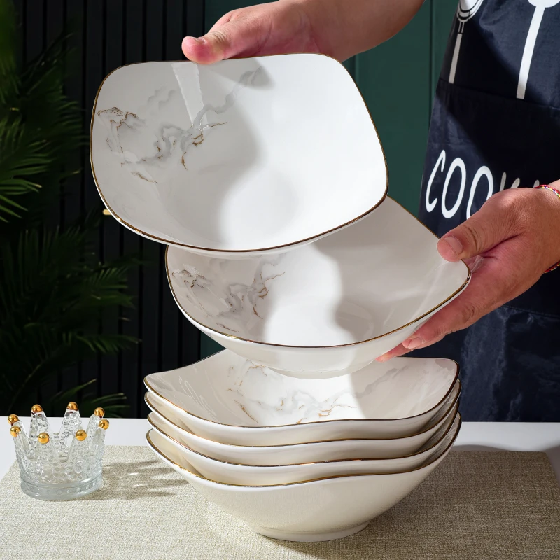 【6只装】电光金山水8英寸翘脚碗陶瓷加厚菜盘多功能釉下彩餐具