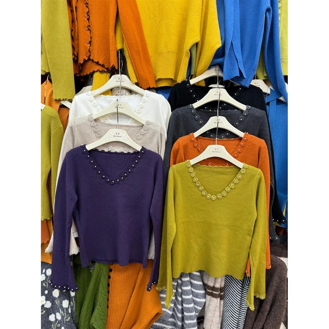 针织气质v领钉花长袖针织衫女新款修身显瘦打底衫内搭上衣I2-80