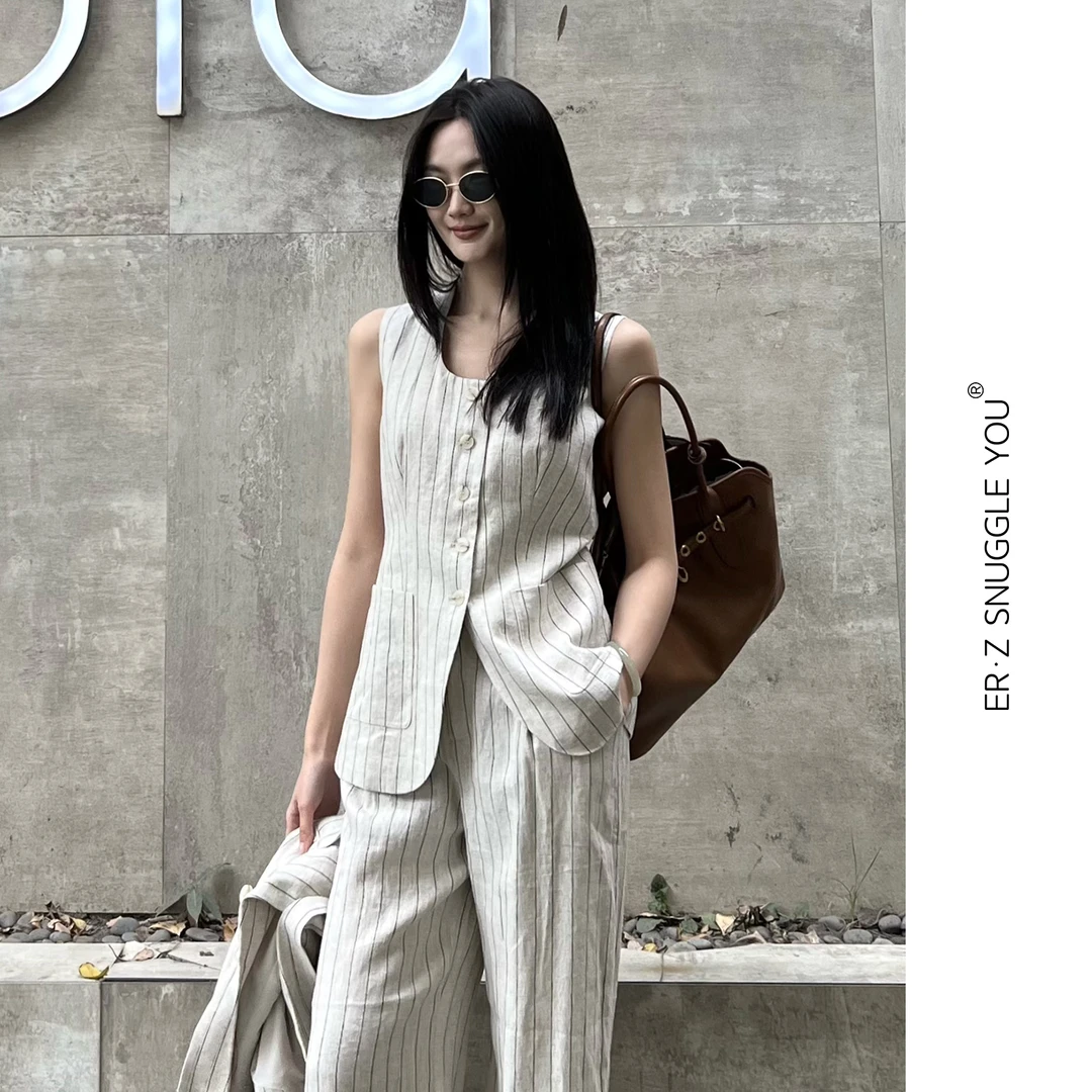 ERZ墨小墨|2025春季汉麻圆领单排扣无袖条纹马甲上衣女4414-8086