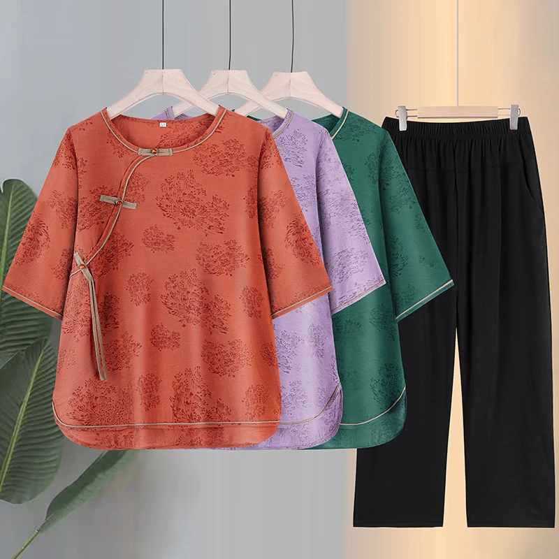 120-251斤特大码胖妈妈装国风圆领半袖中老年加肥减龄T恤上衣套装