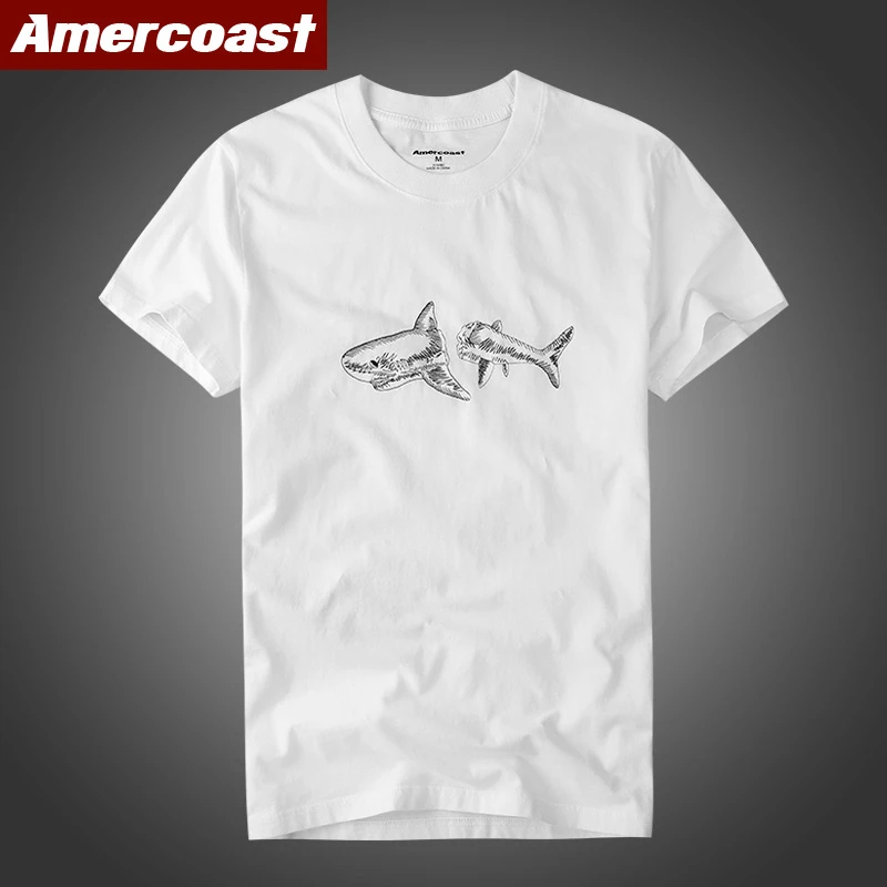 美洲海岸运动纯棉T恤透气上衣鲨鱼绣花男士夏季休闲t恤短袖