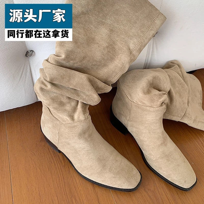 梵乐芬高筒骑士靴女2025秋冬新款褶皱堆堆靴不过膝长靴欧美西部牛