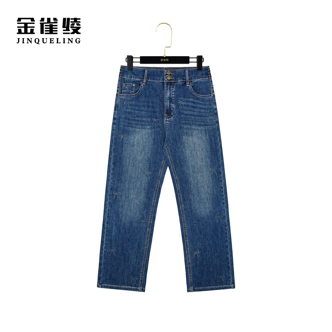金雀绫【蝴蝶结】春秋季新款时尚百搭烫钻直筒牛仔裤K0287