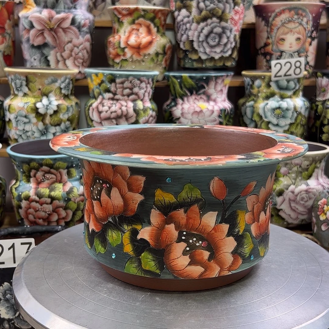 天***青景德镇炫彩手绘景德镇陶瓷花盆