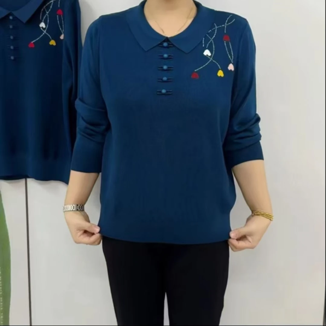 洋气大码妈妈装翻领爱心图时尚针织衫春冬新款宽松百搭洋气毛衣女