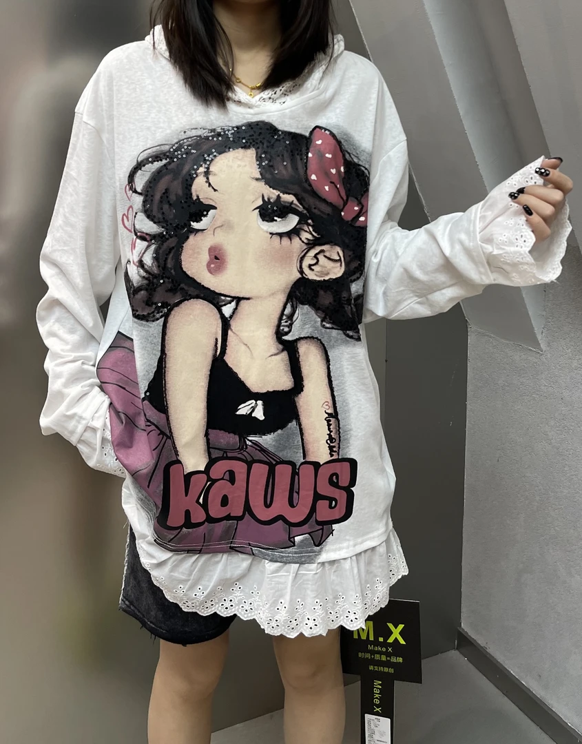 MX#81623春季福利重工艺亮片拼接连帽公主袖上衣，衣长：80cm