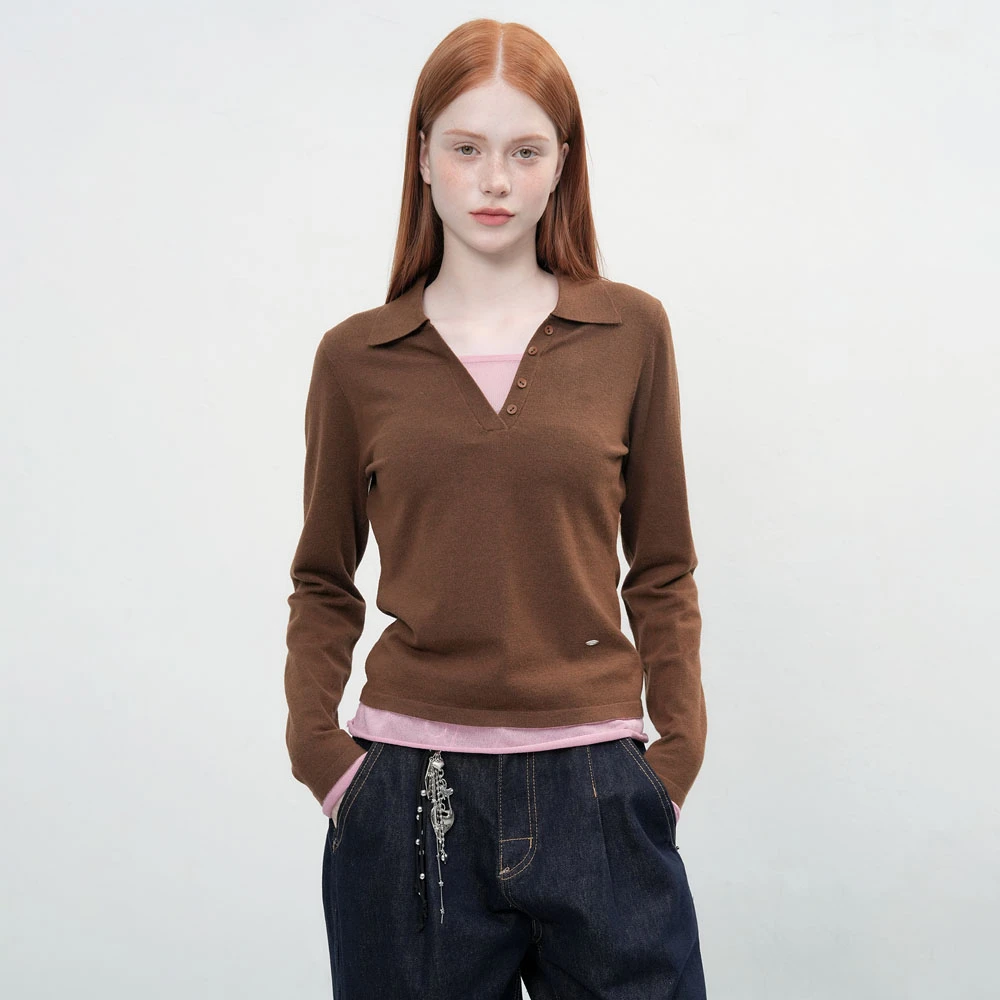 GENERAL IDEA BY BUMSUK翻领拼色假两件卷边针织长袖上衣5515