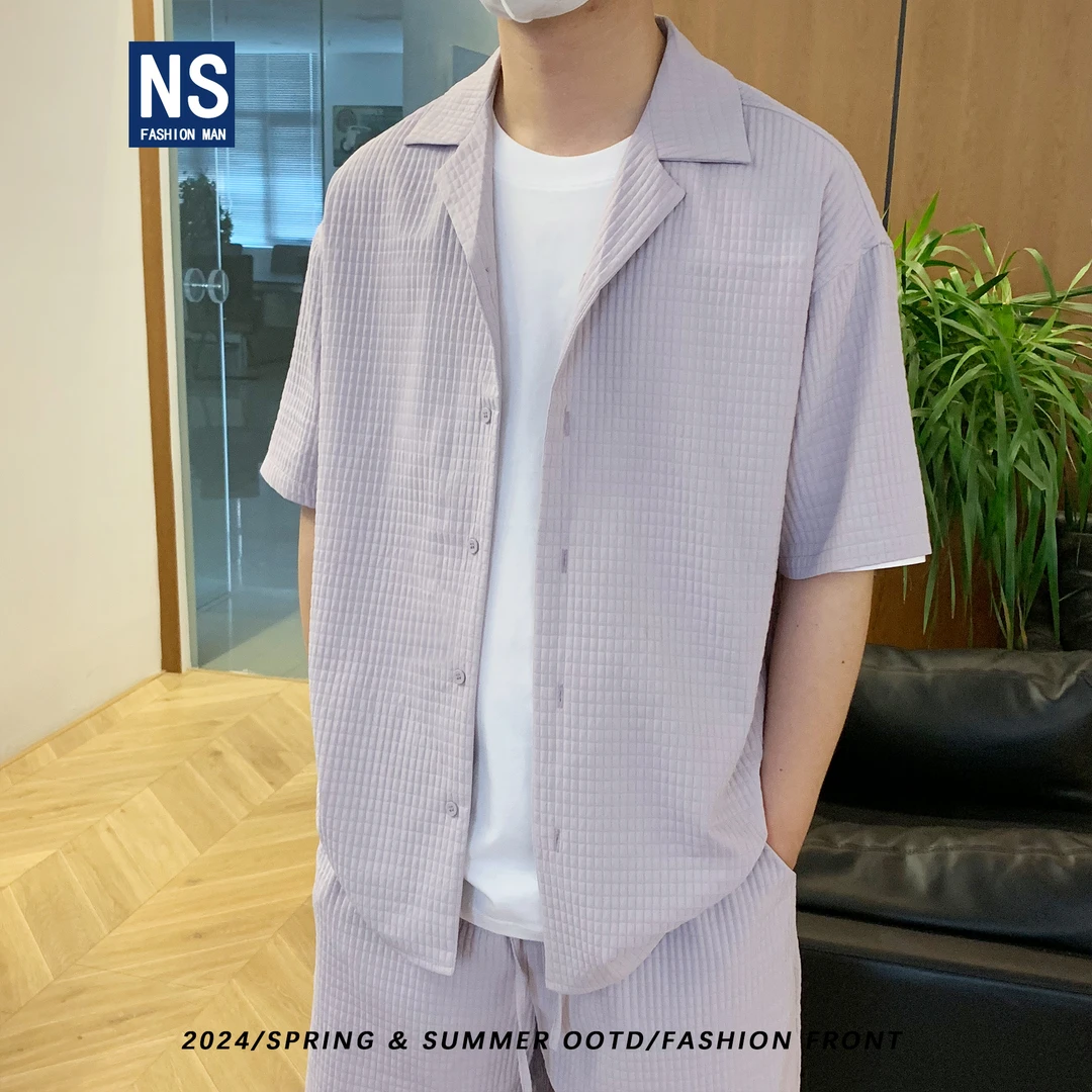 【NS】夏季新款时尚休闲肌理感小方格古巴领短袖衬衫530