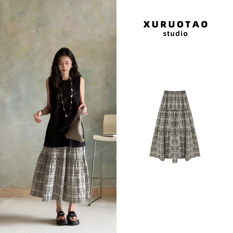 XURUOTAO 【维多利亚半裙】条纹设计高腰显瘦舒适灰色半身裙 T5217