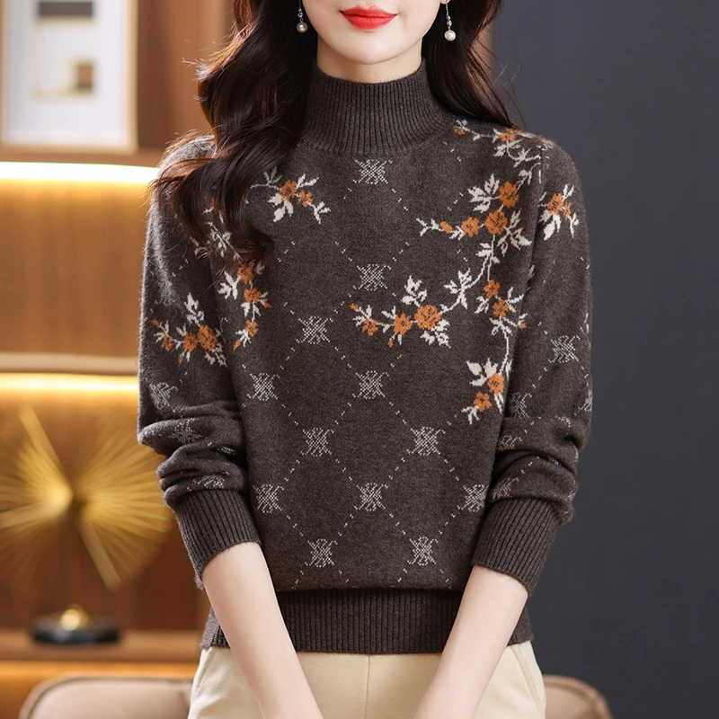 【澳门】秋冬半高领提花毛衣女2025新款内搭上衣加厚宽松针织打底衫