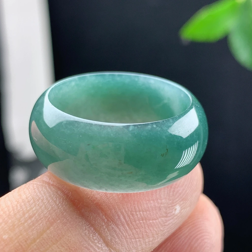 戒指内径21.3纯天然A货翡翠老坑冰种蓝绿色素面轮胎宽扳指环精美