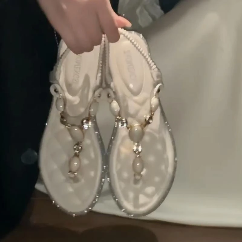 【FBZN官方正品】羊皮版~平底度假鞋女海边配裙子波西米亚风闪闪