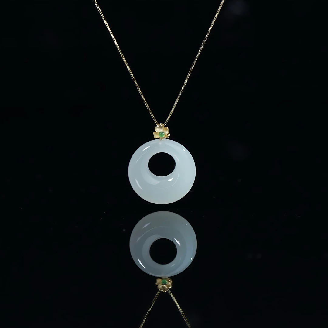 【熹微】天然和田玉平安扣高冰白玉公主扣18K金镶嵌