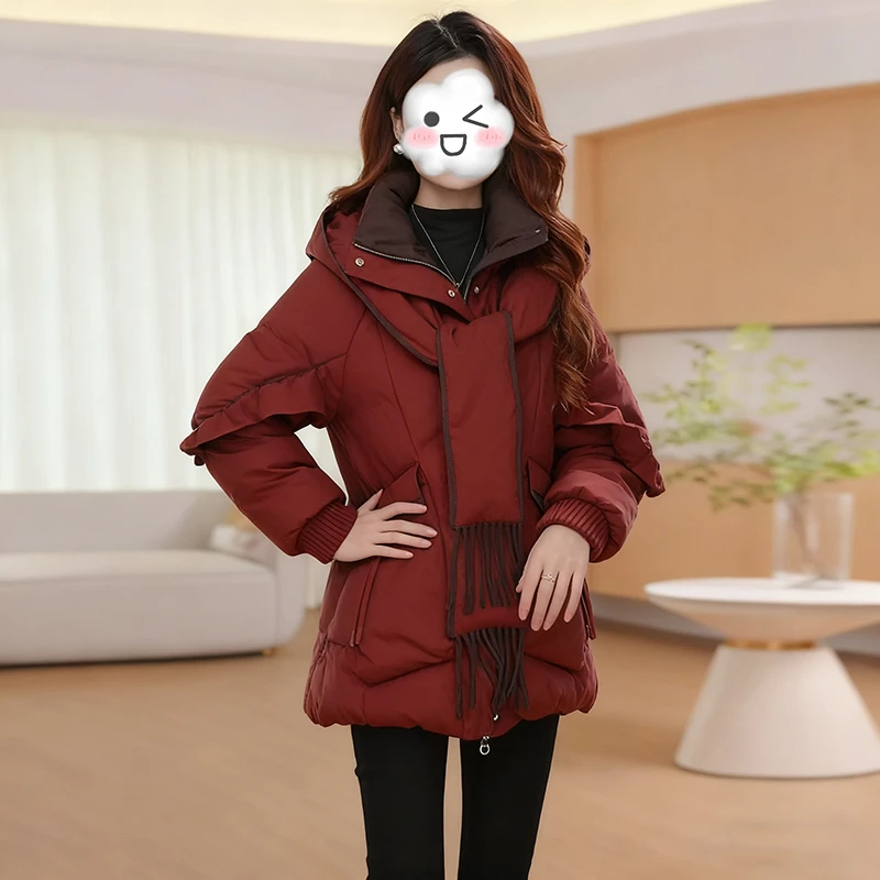 卡莲格/高级感洋气围巾连帽棉服女冬季新款显瘦减龄保暖棉衣外套