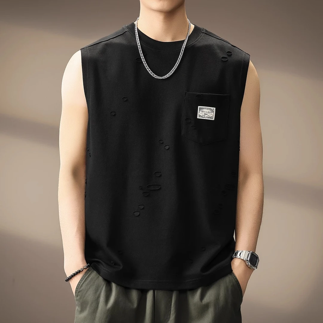 MR.MUDI/穆迪先生高端美式破洞口袋背心男夏新款运动健身坎肩T恤