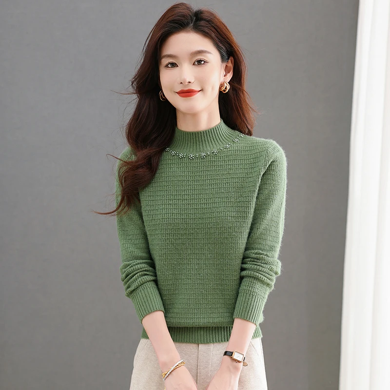 秋冬新款纯色镶钻半高领针织衫时尚高级内搭外穿中年妈妈装58012