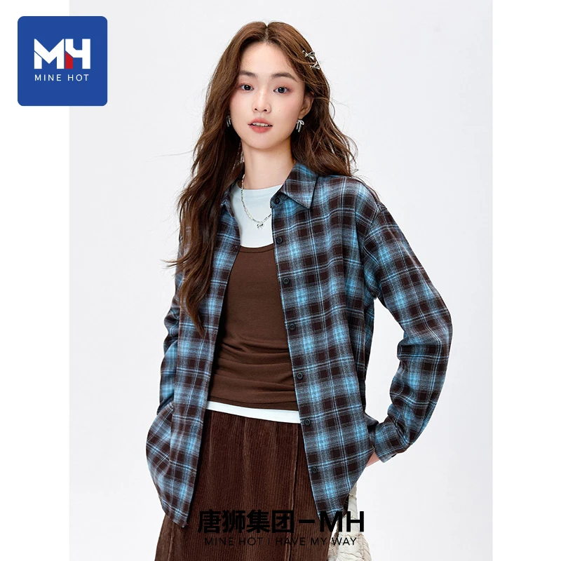 唐狮集团MH美式复古格子衬衫女秋韩版宽松ins风女装上衣格纹外套