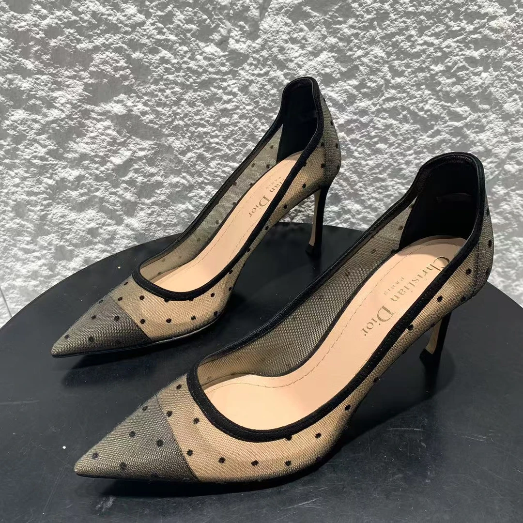 99新 DIOR/迪奥 35.5码/无配件/黑色网纱波点蕾丝高跟鞋6cm 939