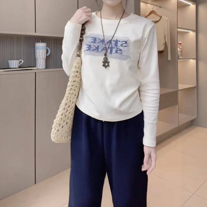 大码女装印花长袖T恤秋季新款胖MM百搭设计感宽松显瘦打底衫上衣