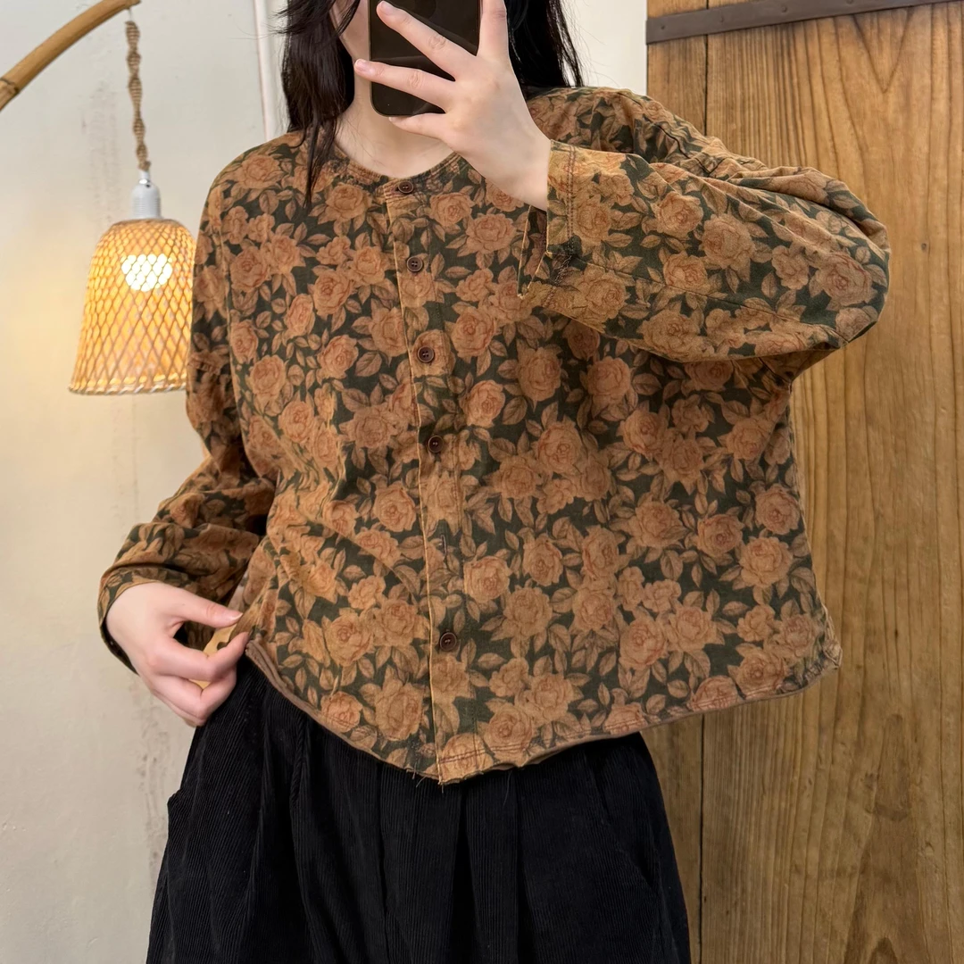 春季新款休闲百搭针织棉炒色单层系扣印花圆领开衫胸围126衣长52