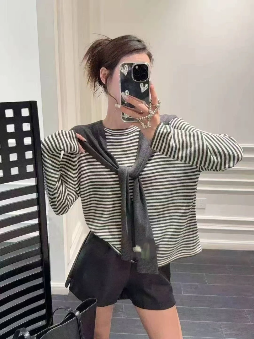 针织条纹常规袖毛针织衫秋季少女风树脂固色常规