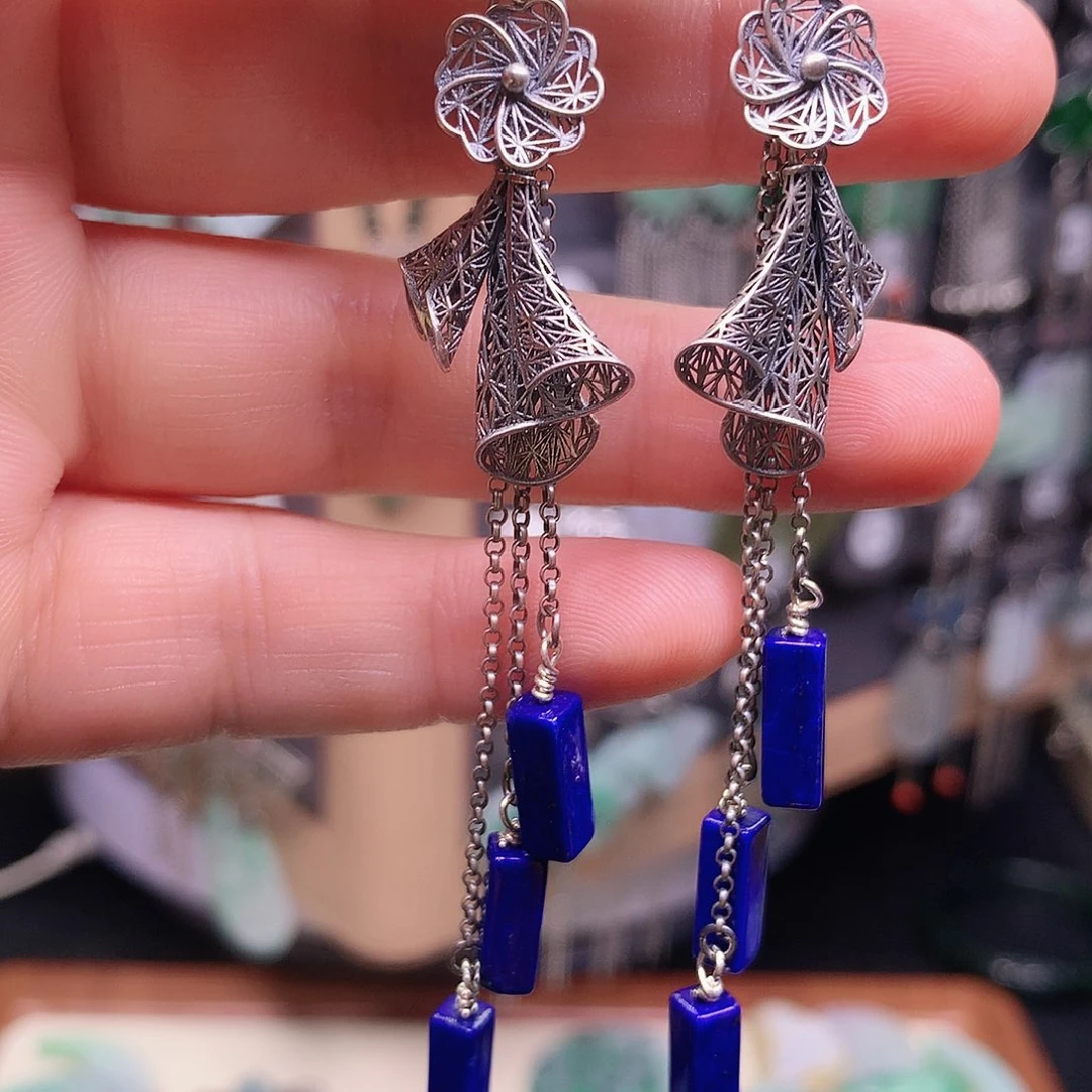 张***华青金石银S925镶嵌耳饰