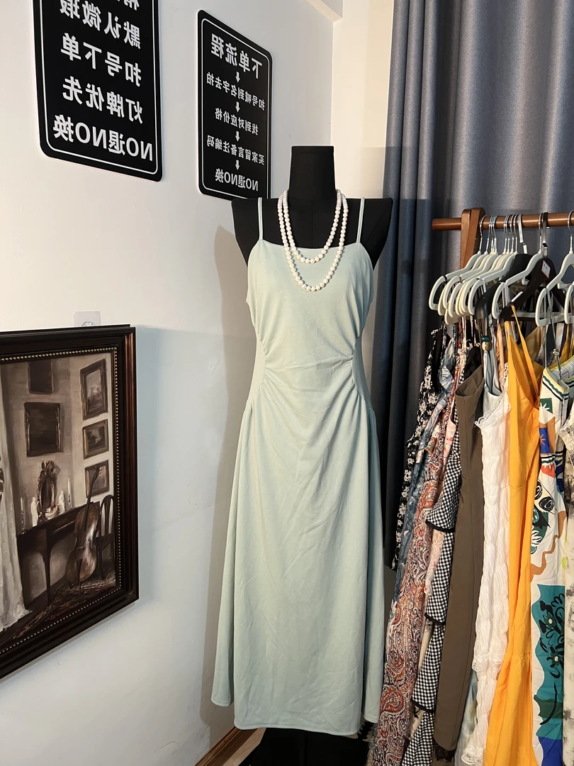 V领A字裙夏季背心高腰大码连衣裙无袖吊带长裙