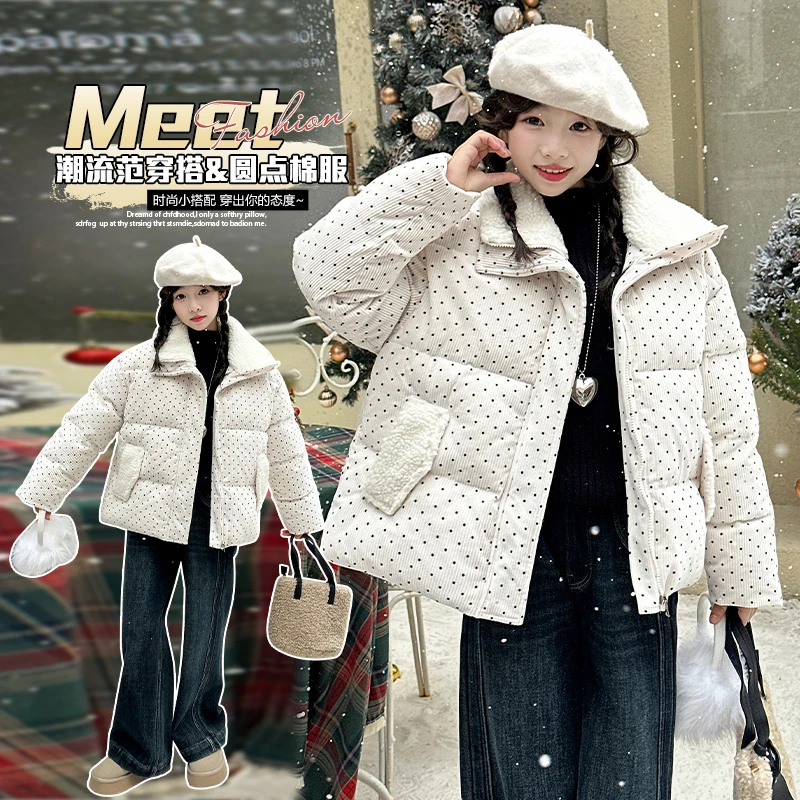 女童棉衣儿童棉服冬季新款韩版波点少女风条绒保暖小香风棉袄韩版